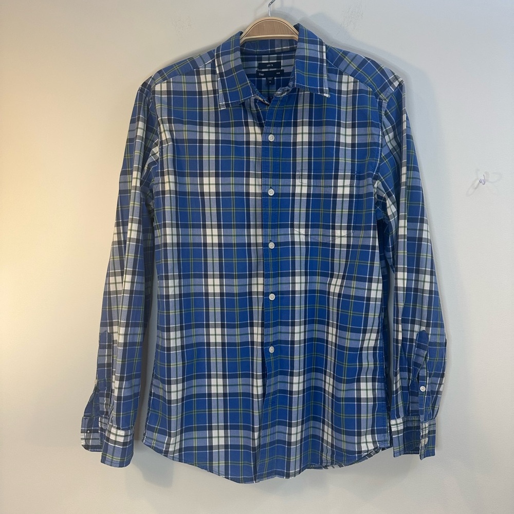 Gap Factory Blue Plaid Button Down Shirt Men's M Slim Fit 100% Cotton Grunge